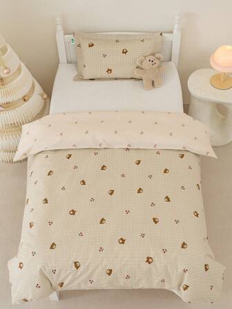 1pc Light Brown Plaid & Cherry Bear Printed Duvet Cover, Soft & Breathable Bedding Set, Lovely Style Suitable For Children, Girls, Boys, Bedroom, Dorm, Nursery, Available In Multiple Sizes (1pc Duvet Cover Only, No Insert)