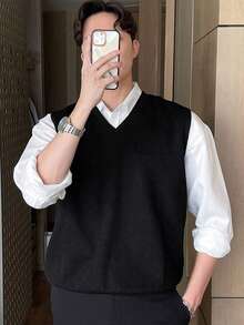 Men's Knitted Casual Loose Fit Sleeveless Sweater Vest - Black - View 8