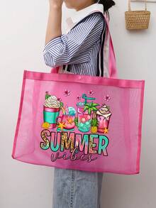 1 件装网状沙滩包尼龙材质字母印花沙滩网手提包，容量大，自己使用或赠送他人，返校用品沙滩包，防水背包度假包，适合朋友、妈妈、老师、母亲节礼物，夏季必备品，沙滩必备品 - 彩色 - 查看 1