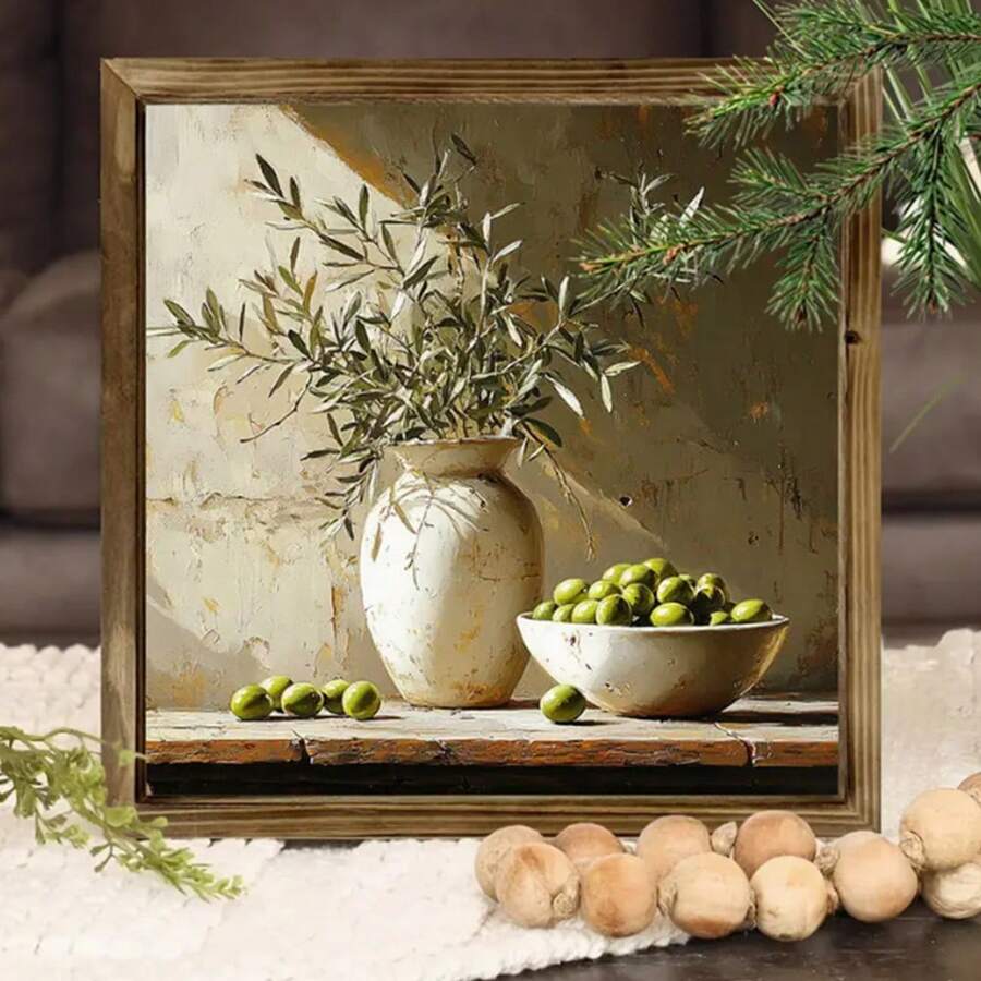 1/2pcs Framed Wall Art Decor, Depicting Rustic Olive Tree, Frame Size 8x8 Inches, Farmhouse Style Decoration, Olive Branch And Bowl Pattern, Vintage Wooden Background, Multipurpose For Holiday, Christmas, Office And Home, Perfect Gift For Friends And Family, Tree Decor - Multicolor-sawtooth Hook - View 1