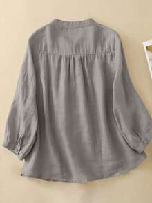 Womens Cotton Linen Button Down Shirt Solid Color Round Neck 3/4 Sleeve Casual Loose Fit Summer Fall Plus Size Blouse Tops - 灰色 - 查看 2