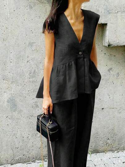 2 件套女士套装包括无袖上衣和松紧腰裤，纯色休闲优雅装扮，轻薄透明面料，适合晚会、海滩、婚礼、花园、街头