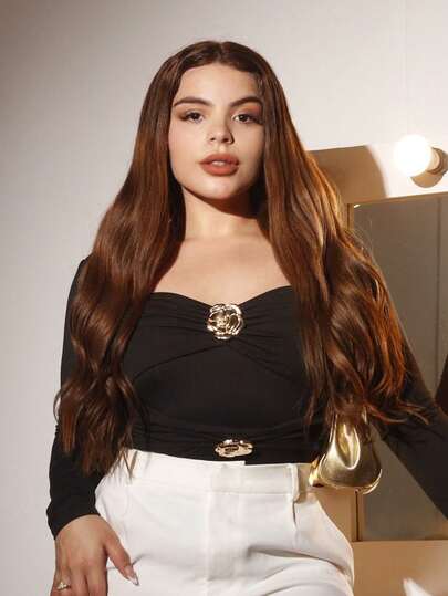 Lupita Cardoza 女士时尚派对玫瑰金属装饰长袖黑色紧身连体衣，圣诞节/情人节/音乐会/表演服装/约会/宴会/舞会/婚礼季/性感/优雅/通勤/返校季