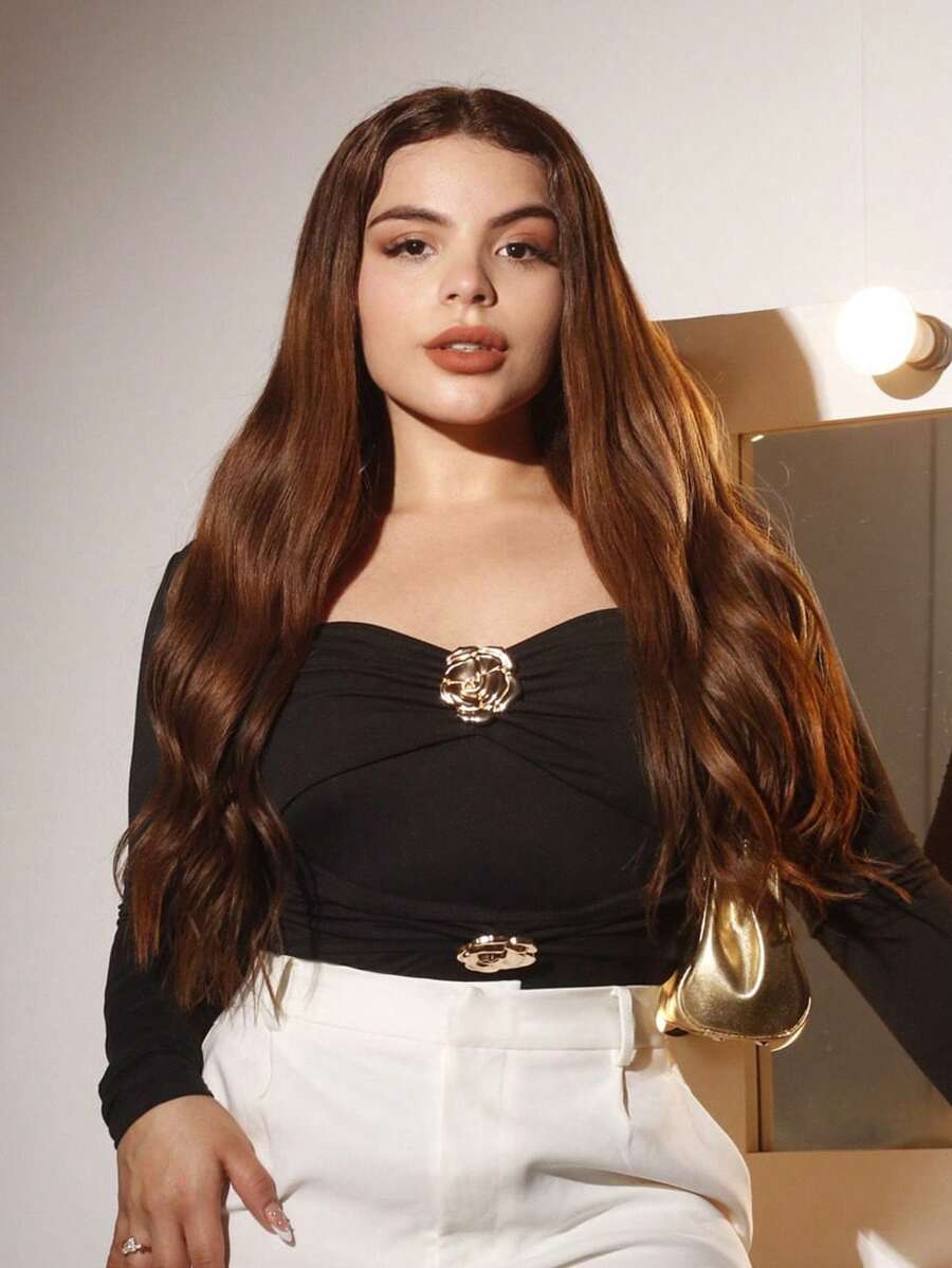 Lupita Cardoza 女士时尚派对玫瑰金属装饰长袖黑色紧身连体衣，圣诞节/情人节/音乐会/表演服装/约会/宴会/舞会/婚礼季/性感/优雅/通勤/返校季