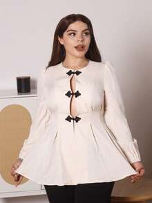 Lupita Cardoza Front Hollow Chinese Knot Tie Waist Long Sleeve Maxi Shirt - Apricot - View 1