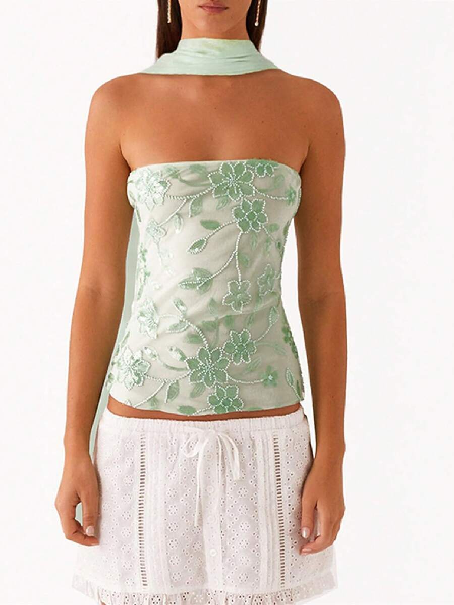 Women Y2K Sequin Tube Top With Neck Scarf Sparkly Floral Bandeau Cami Pearl Embellished Glitter Rhinestone Going Out Shirt - 綠色 - 查看 1
