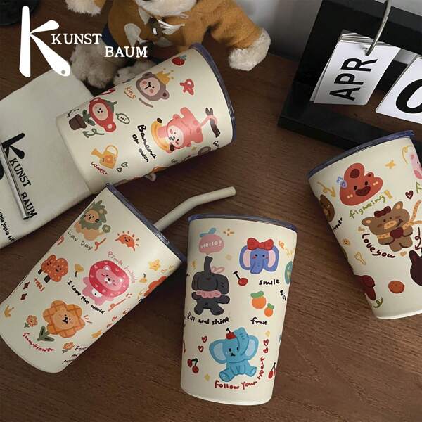 Tazza doppia parete isolata con cannuccia - 400ml Design dipinto a mano carino con animali, tazza da caffè a prova di perdite per il viaggio, bottiglia d'acqua in acciaio inossidabile, regalo per donne e bambini