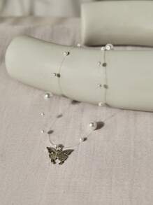Faux Pearl Decor Butterfly Pendant Necklace Christmas Winter Christmas Gifts