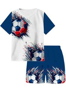 2pcs/Set Toddler/Little Boys' Casual 3D Football Print Loose Fit Round Neck T-Shirt And Shorts Outfit, Comfortable For Outdoor Sports & Running