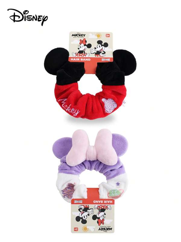 Disney 1/2pcs Disney Authorized 2025 New Minnie & Mickey Head Rope, Cute Girl Scrunchie Hair Accessories, High Elastic Thick Ponytail Holder, Plush Cartoon Hair Clips