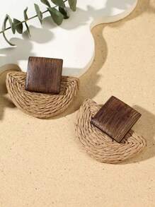 2pcs/Set Women's Fashion Boho Style Semi-Circle Wooden Rattan Handmade Hoop Drop Earrings, Suitable For Summer Beach, Seaside & Holiday Casual Wear