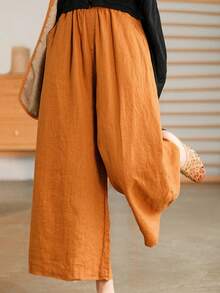 Plus Size High Waisted Wide Leg Pants Solid Elastic Waist Loose Fit Flowy Trousers With Pockets - Yellow - View 3
