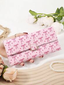 粉色蝴蝶结爱心图案包包，时尚女士长款钱包，零钱包，三折多卡槽大容量多功能钱包，女士优雅折叠卡槽和拉链口袋女士钱包钱包 - 粉色 - 查看 12