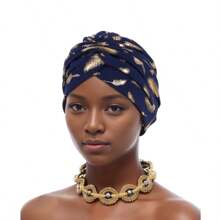 1PC Fashionable Versatile Feather Metallic Gold Print India-Style Head Wrap Turban, Cancer Chemo Hat For Hair Coverage