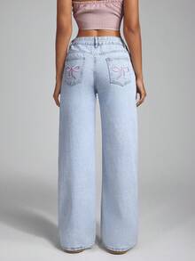 Jeanoix 女士刺绣蝴蝶结水洗牛仔裤