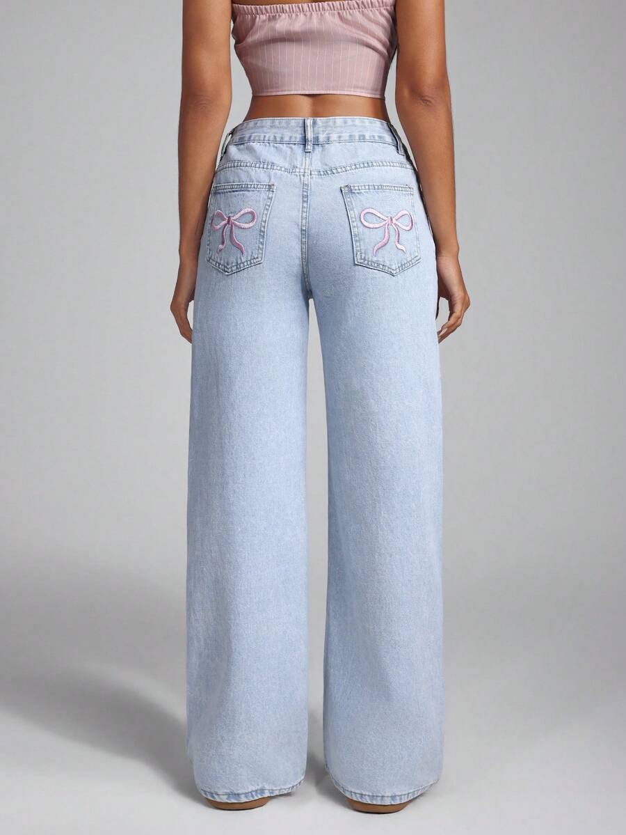 Jeanoix 女士刺绣蝴蝶结水洗牛仔裤