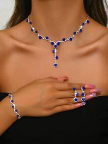 1 套时尚简约仿珍珠和水钻首饰项链、耳环、手链套装,适合女士婚礼、派对佩戴 - 水鑽套裝 - 查看 18