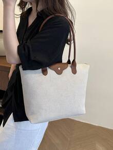 A Simple And Versatile Solid Color Casual Tote Bag, Large Capacity, With Zipper, Can Be Worn As A Shoulder Bag, Suitable For Shopping, Vacation, Work And Commuting And Other Occasions. - Beige - View 8