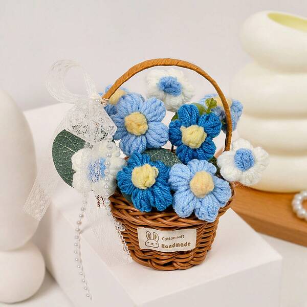 1 Pieza de Flores de Ganchillo Hechas a Mano, Flores de Cesta de Ganchillo para Decoración del Hogar y Coche, Decoración de Plantas Miniatura, Regalos para el Día de la Madre, Día del Maestro, Cumpleaños, Boda