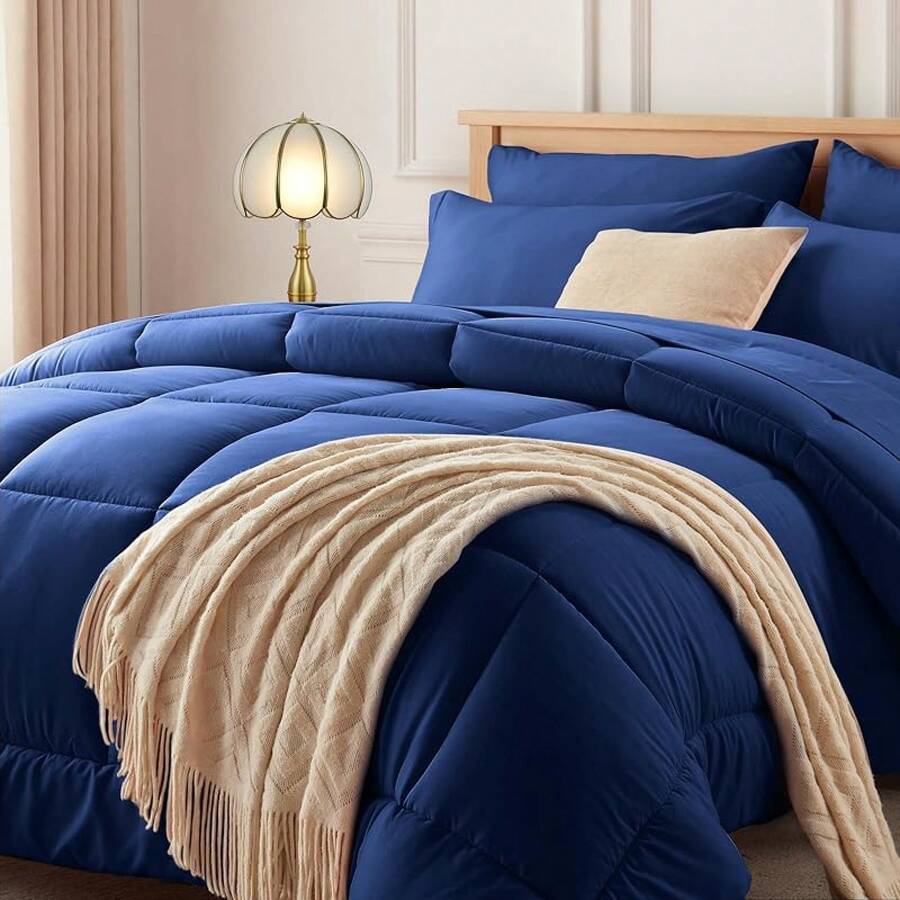 Newspin Queen Bed In A Bag 8 Pieces Comforter Set, Black All Season Bed Set, Queen Bedding Sets With Comforter And Sheets, Pillow Shams, Flat Sheet, Fitted Sheet, Pillowcases And Bed Skirt - 藍色 - 方形 - 查看 1
