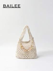 BAILEE 1个涤纶钩编网底多色纯色绳编手提包，饰有金属贝壳吊坠，菱形图案，轻便大容量，可爱时尚的缝线沙滩包，适合女性、应届毕业生和上班族，也可作为教师礼物。 - 白色 - 查看 3