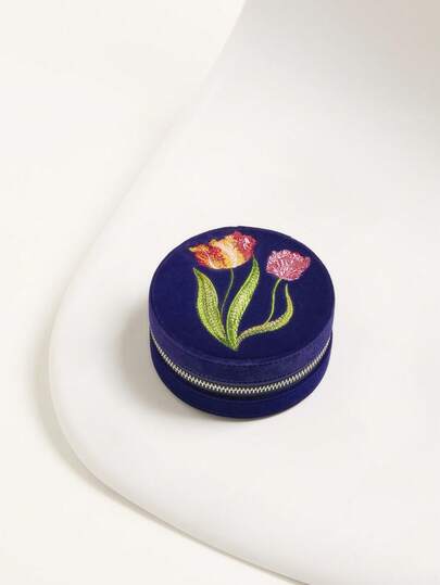 刺绣旅行首饰盒 天鹅绒海军蓝 送给女士女孩的最佳礼物