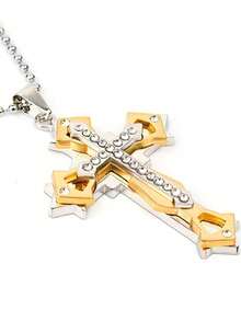 Simple 3-Layer Cross Pendant Necklace, Stainless Steel Chain, Fashionable Necklace Charm, Party Accessory Gift - Necklace - View 5