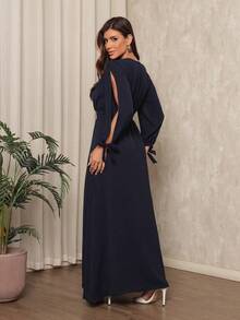 FASHION MIX PREMIUM Elegant Long Dress With Slit Long Sleeves With Tie With V-Neckline And Waist Adjustment Plus Size Women's Fits 38 To 44 - 藏蓝色 - 查看 5