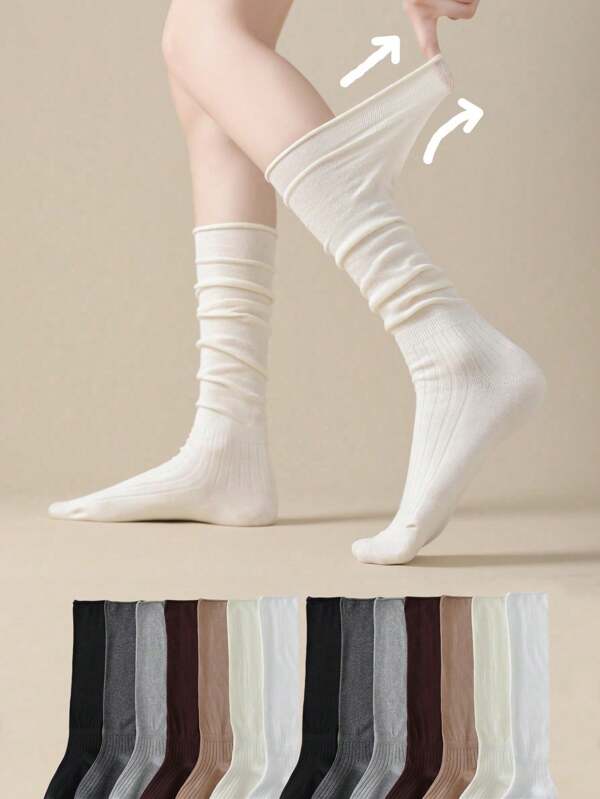 1/2 Pairs Of White Stacked Socks Women's Calf Socks Summer Thin Boots With Mid Length Socks Paired With Short Boots, Solid Color Knee Socks