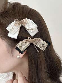 1 件优雅时尚珍珠流苏蝴蝶结发夹，女士高端侧刘海夹发夹，适合日常佩戴 - 彩色 - 查看 2