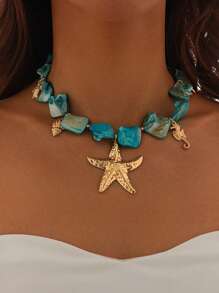 1 Peça Colar de Estilo Boêmio com Pingentes Metálicos de Estrela-do-mar, Tartaruga Marinha, Concha, Cavalo-marinho, Colar Gargantilha com Contas de Concha Natural Irregular, Adequado para Uso Diário de Mulheres, Presente de Feriado, Decoração de Festa na Praia, Joia Encantadora