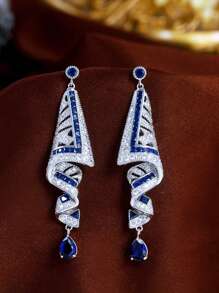 1 par de pendientes colgantes largos y simétricos de plata bañada en plata con circonita cúbica azul, joyería de CZ para mujeres, adecuada para boda, compromiso, baile de promoción, club nocturno, concurso