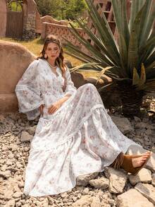 Faeriesty Vestido casual con estilo bohemio y floral con mangas de encaje con volantes y escote en V - Estampado de flores, mangas anchas para picnics de fin de semana, paseos casuales y tardes acogedoras
