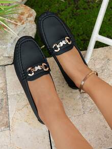 女士金属蝴蝶装饰平底乐福鞋，手工缝制圆头工作鞋，平底休闲防滑黑色莫卡辛鞋，适合春秋季 - 黑色 - 查看 2