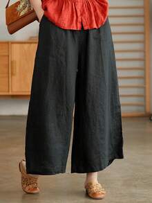 Plus Size High Waisted Wide Leg Pants Solid Elastic Waist Loose Fit Flowy Trousers With Pockets - Black - View 4