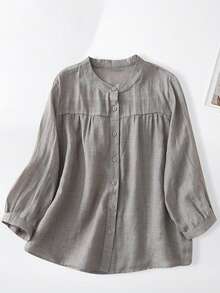 Womens Cotton Linen Button Down Shirt Solid Color Round Neck 3/4 Sleeve Casual Loose Fit Summer Fall Plus Size Blouse Tops - 灰色 - 查看 6