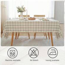 New Checkered Tablecloth Rectangle Cotton Linen Fabric Gingham Table Cloth Buffalo Plaid Table Cover  Tassel Wrinkle  Washable For  Dining Picnic, Beige And Cream, 55X55'' - Beige 55 x 55 (Square) - View 6