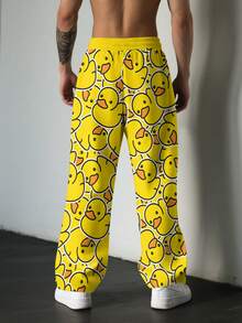 男士复古可爱小黄鸭印花裤 - 宽松直筒休闲长裤，适合男士和青少年，可机洗，春秋季时尚，面料舒适，秋季