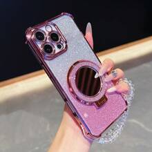 Nuevo estuche antideslizante de 4 esquinas para teléfono + cuerda colgante con perla de papel brillante rosa + espejo de maquillaje circular brillante rosa con soporte magnético integrado, compatible con Galaxy I-Phone 16 Pro 16Pro Max, Sam-Sung S25/S25Plus/S25Ultra, XM HW Redmi A5, Oppo