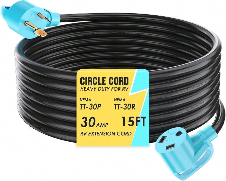 CircleCord 30 Amp 50 Feet RV Power Cord Twist Locking, Heavy Duty 10 Gauge 3 Wire STW Pure Copper Wire With Grip Handle, TT-30P To L5-30R With Cord Organizer For RV Trailer Campers