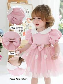 女婴波点泡泡袖蝴蝶结薄纱粉色圣诞派对礼服，优雅公主裙，适合女孩生日、周年纪念、派对、婚礼、宴会、节日庆典等场合。 - 粉色 - 查看 3