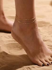 1 PC Spring And Summer Simple And High-End Feeling Small Clip Bead Double-Layer Stacked Ankle Chain, Versatile And Sexy Party Beach Vacation Daily Casual Wear Holiday Gifts