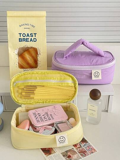 Bolsa de cosméticos com rosto sorridente Dopamine, bolsa de higiene pessoal portátil de lona com zíper de cor sólida, bolsa organizadora minimalista para uso doméstico, viagens e atividades ao ar livre, adequada para mulheres, itens essenciais de viagem, férias de verão, volta às aulas, bolsa de viagem para a escola, bolsa de maquiagem para viagem