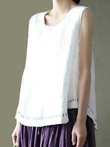 Women's Tank Tops Summer Causal Versatile Solid Color Plus Size Loose Sleeveless Linen Shirt - White - View 5