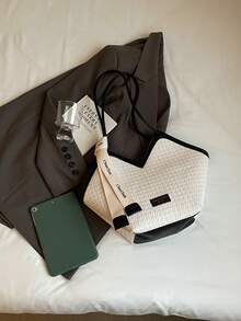 New Fashion All-Match New Contrast Color Design Indentation Design Large Capacity Double Handle Shoulder Tote Bag Suitable For Travel Shopping Commuting To Work With Scarf Decoration Design, Ladies Elegant Wallet, Business Commuter Wallet - View 5