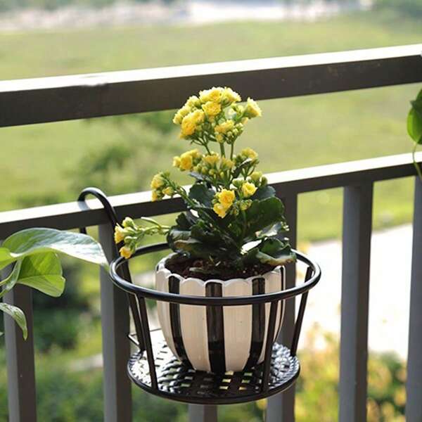 1pc Iron Art Balcony Flower Rack, Hanging Flower Pot Shelf, Railing Mounted Planter Holder For Trailing Plants