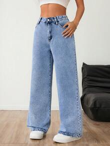 Women Casual High Waist Straight-Leg Washed Denim Jeans