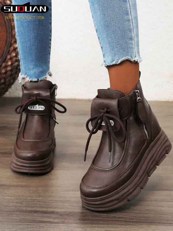 1 Pair Women's High Top Casual Sports Ankle Boots, Korean Fashion Design, 2025 New Leather Short Boots, Thick Sole Adds 5cm Height