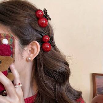2个/套 可爱樱桃发夹，情人节礼物，纯色，亚克力时尚爪夹 冬季发饰