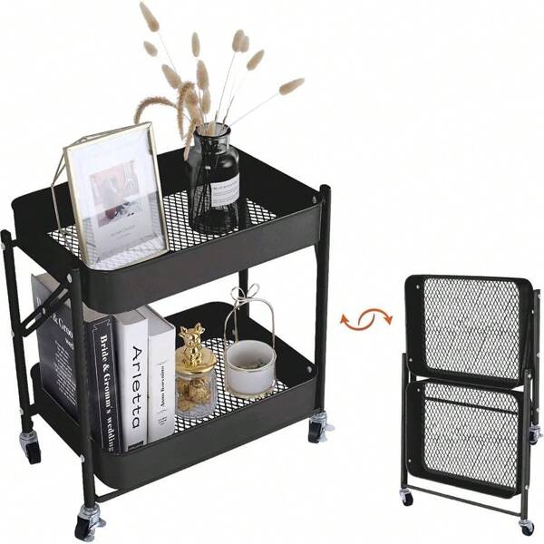 Kitchen Trolley With Casters, 2 Tiers, Easy To Install, Foldable, Foldable, Storage Space, Under Table Storage Trolley, Storage Trolley, Side Table, Small Trolley, Black